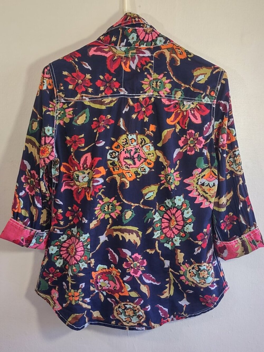CINO Indigo Blue Floral Shirt Size XSmall Button Up Boho Preppy Rustic Romance - Picture 4 of 8
